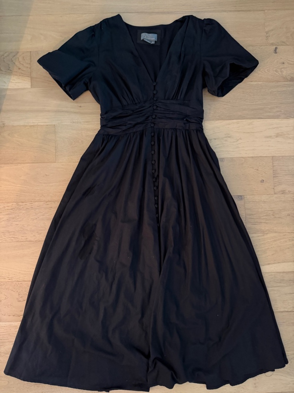 Classic Black V-Neck Button-Front Midi Dress